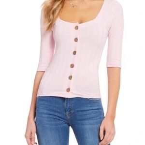 Free People Central Park Pink Button Down Knit Top, Small NWOT